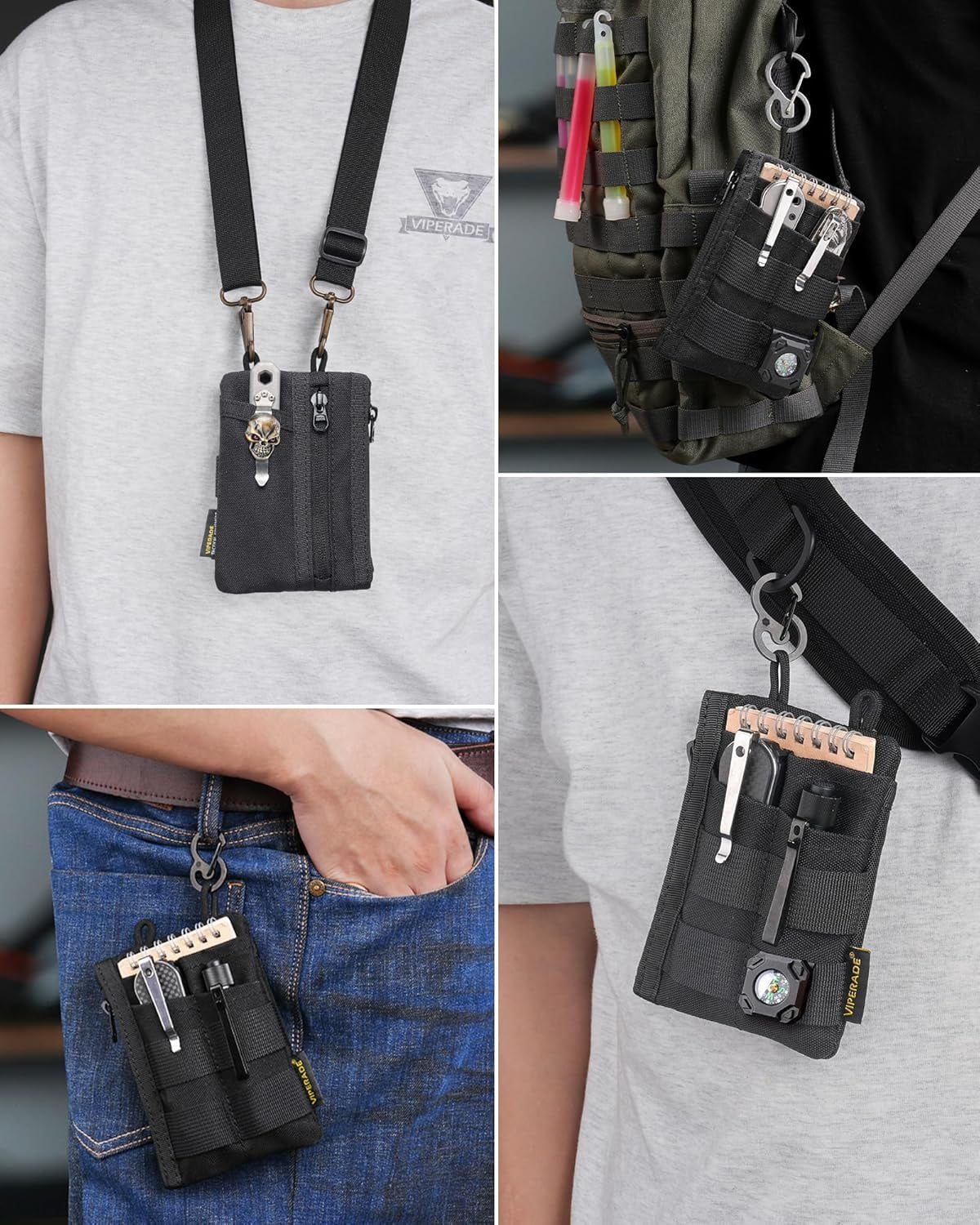 VIPERADE VE18N-M EDC Pouch, Pocket Wallet with 3 EDC Slots+2 Zipper Pockets, 1 Large Pocket for Notebook or Cellphone, Slim EDC Pocket Organizer for Men (Black)