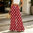 thumbnail image 2 of Heart & Polka Dot Print Wide Leg Pants - Ruffle Hem High Waisted Palazzo Trousers with Pockets, Drawstring Casual Lounge Pants Red M, 2 of 7