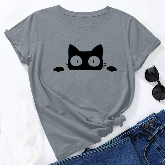 cute tops for women trendy going out summer short sleeve cat shirt basic round neck tee comfy soft shirts