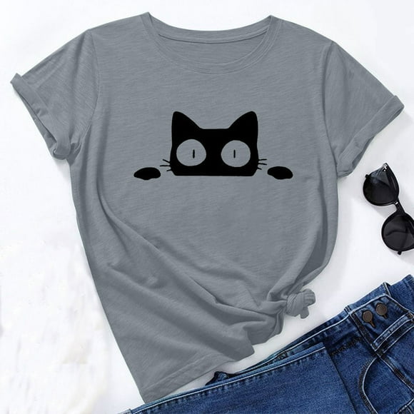 cute tops for women trendy going out summer short sleeve cat shirt basic round neck tee comfy soft shirts