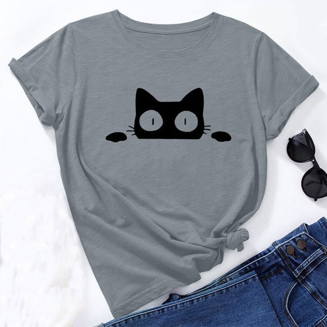 Hauts Mignons pour Femmes Tendance Sortie Été T-Shirt Chat à Manches Courtes T-Shirt Basique à Col Rond T-Shirt Confortable Doux