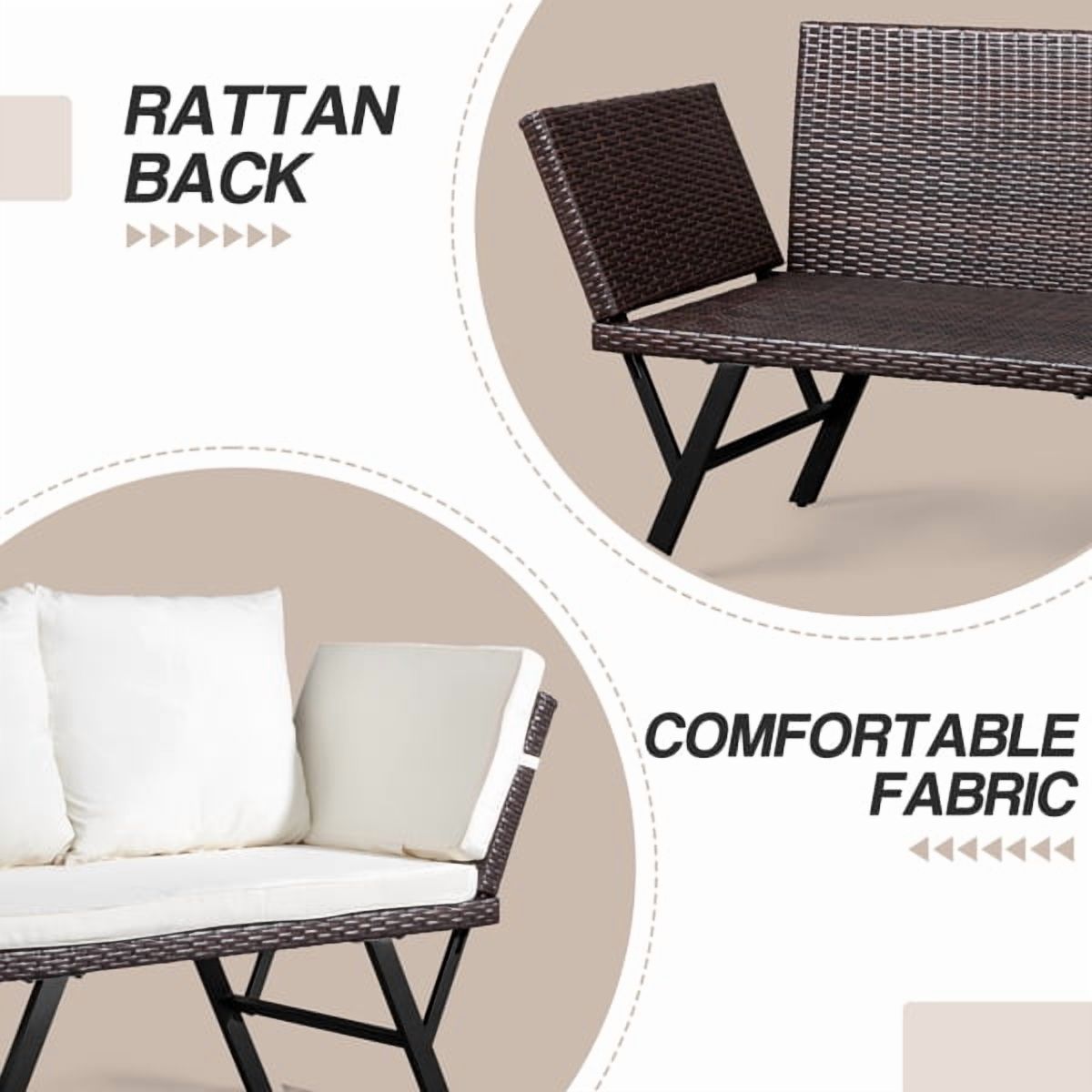 Outdoor Sofa, Woven Rattan Patio Furniture, Convertible Daybed or Double Chair with Adjustable Armrests, Cushions and Pillows for Yard Porch Pool, Gray Lounger & Beige Cushion