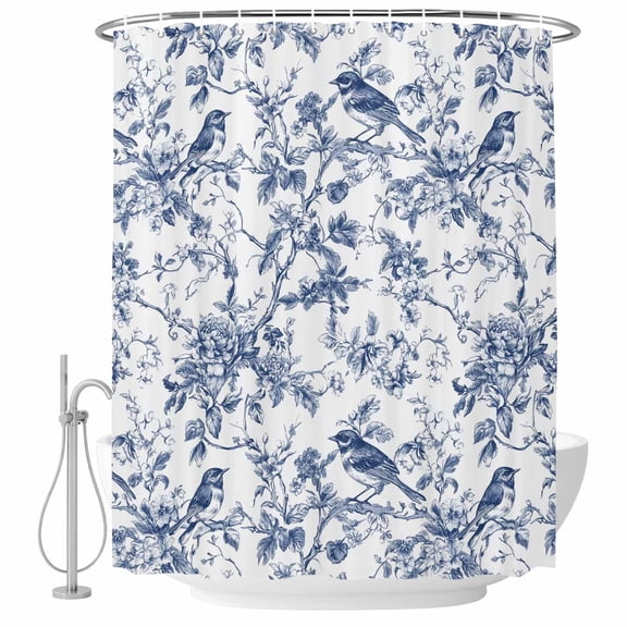 Shower Curtain Bathroom Set Vintage Art Bird Tree Branch Waterproof Fabric Shower Curtains with Grommets&Hooks, Blooming Flower Leaves on White Privacy Bath Curtain for Bathtub 36x72in