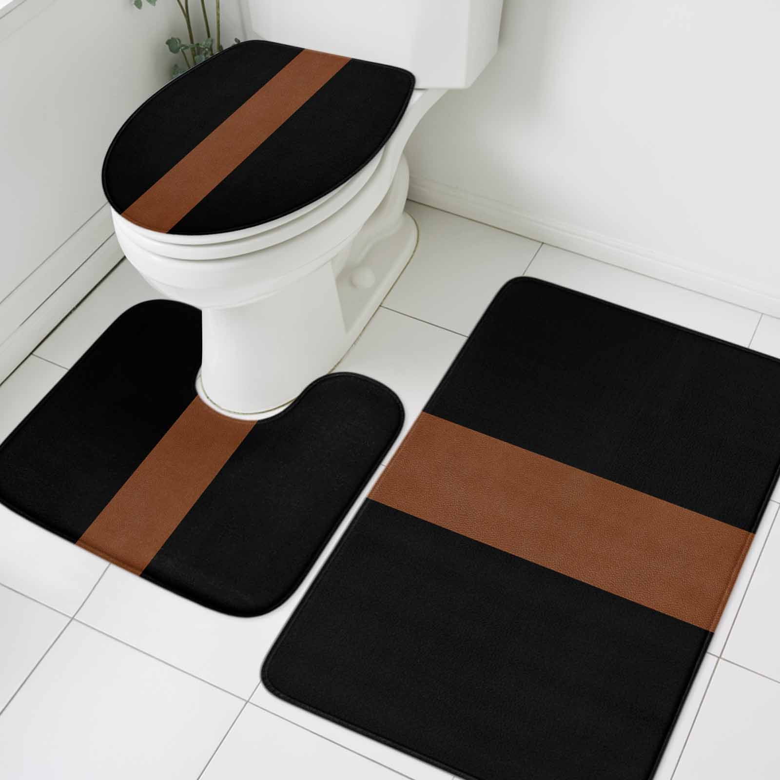 Black Brown Bath Mat 3 Piece Bathroom Rug Set, Contemporary Boho Modern Art Non Slip Bath Rug Contour Mat and Toilet Lid Cover, Absorbent Shower Mats Soft Bath Rugs and Mats Sets