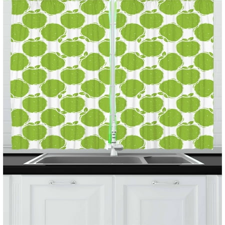 Jaclyn Smith Drapes Apple Curtains 2 Panels Set, Abstract Sketch of Granny Smith Silhouettes Orchard Produce Fruitarian Diet, Window Drapes for Living Room Bedroom, 55W X 39L Inches, Apple Green White, by Ambesonne ()