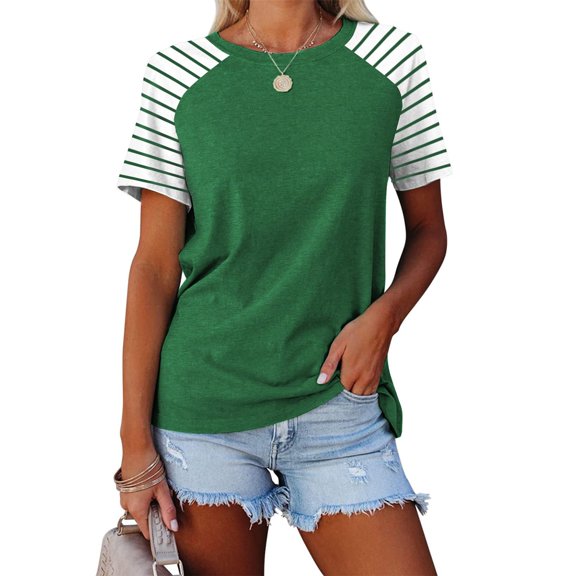 Tittly T Shirts for Women Spring Tops for Women Women's Round Neck Patchwork Striped Color Block Loose Casual Short Sleeved T Shirt Tshirts Shirts Basic Tees AG L