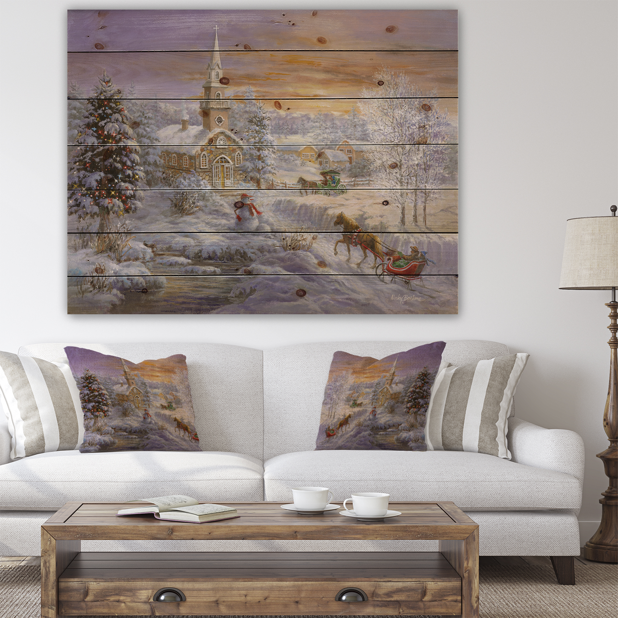 Designart 'Holiday Worship winter scene with sleigh and church' Print on Natural Pine Wood