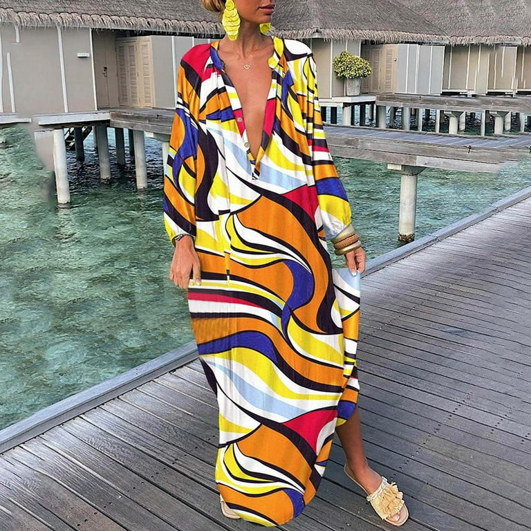 Trendy Printed Maxi Dress For Women Loose Flowy Long Sleeve Shift