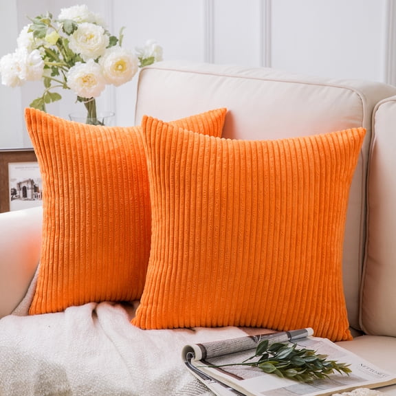 Fluffy Corduroy Velvet Solid Color Suqare Cusion Accent Decorative Throw Pillow for Couch, 18" x 18", Orange, 2 Pack