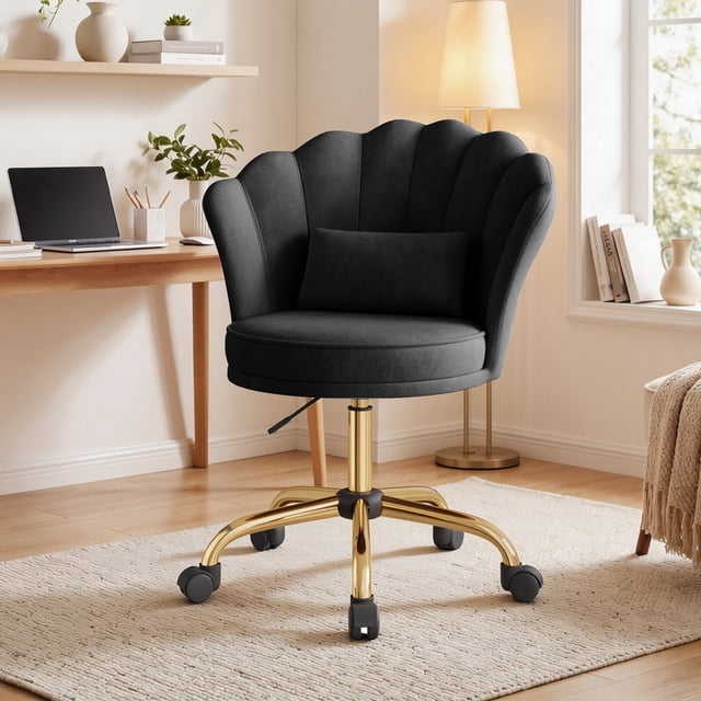 Hawsaiy Shell Back Home Office Chair with Lumbar Pillow, Modern Upholstered Desk Chair with Gold Metal Base, Swivel Adjustable Computer Chair for Home Office, Black