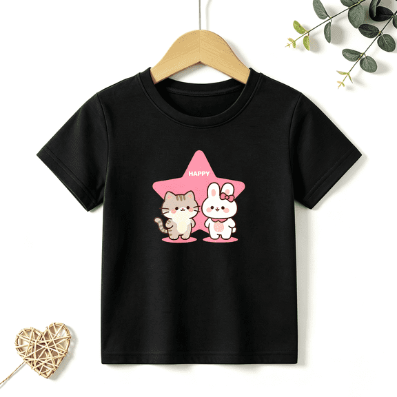 Girls Graphic Tees Cat Bunny Star Kids T Shirt Cute Friends 100% Cotton Short Sleeve Soft Tops 4-13Y