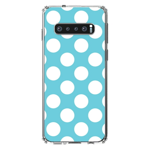 DistinctInk Clear Shockproof Hybrid Case for Samsung Galaxy S10 (6.1" Screen) - TPU Bumper, Acrylic Back, Tempered Glass Screen Protector - White & Blue Polka Dots