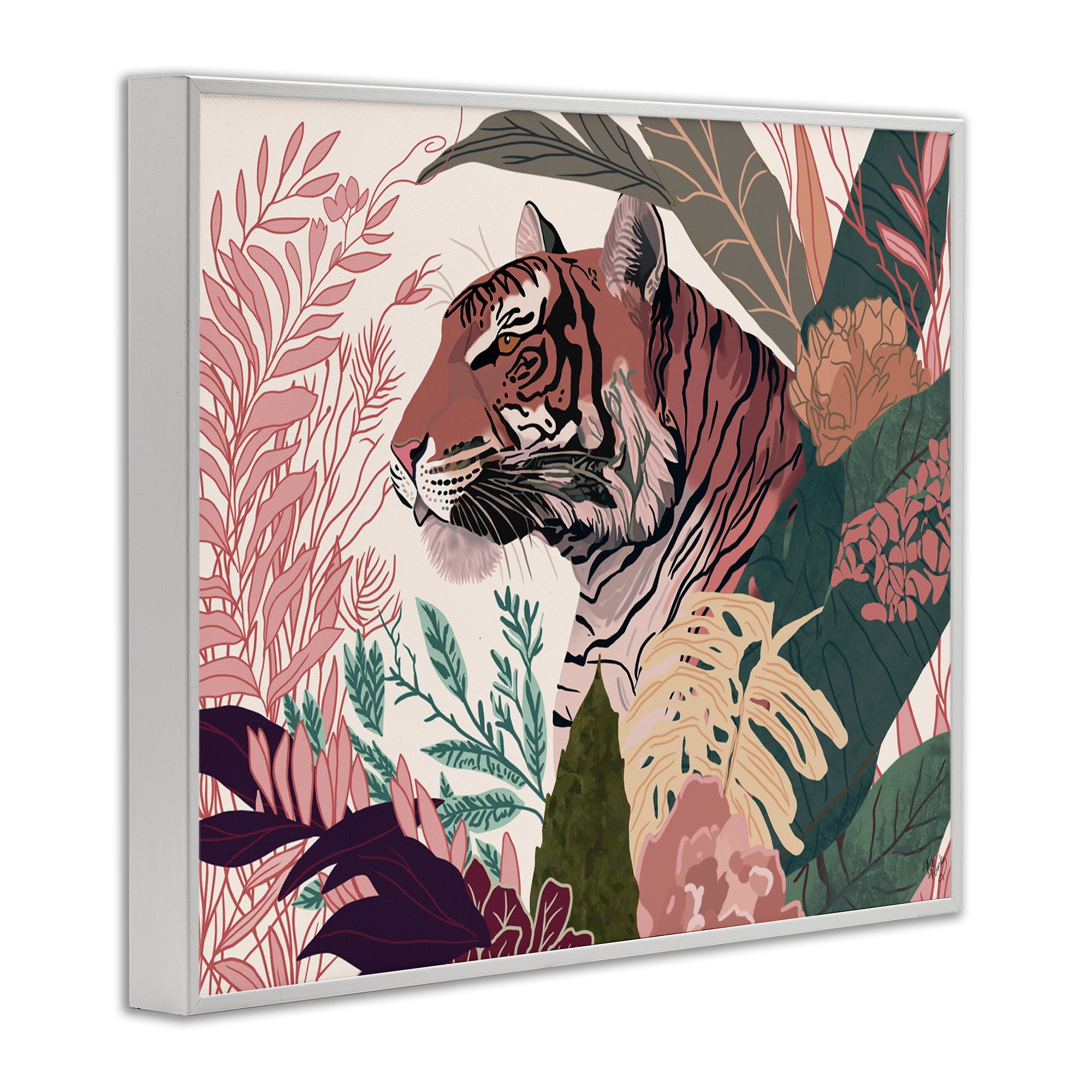 Stupell Industries Tiger Peeking from Leaves Animals & Insects Painting White Framed Art Print Wall Art, 20 x 16