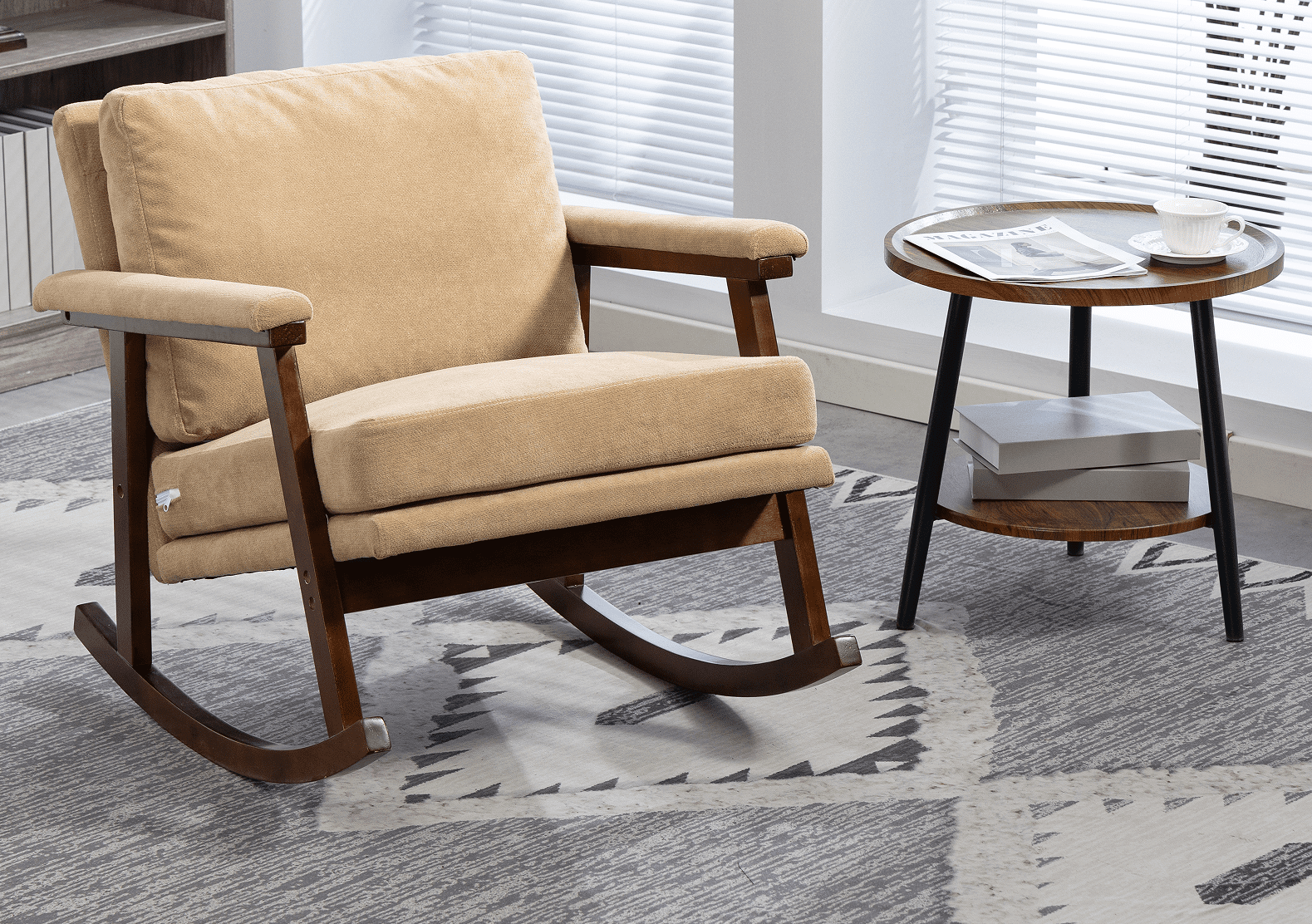 Leumius Accent Rocking Chair with Solid Frame,Modern Upholstered Fabric Accent Chair with High-Density Foam Cushion,Comfy Reading Armchair for Living Room,Bedroom,khaki