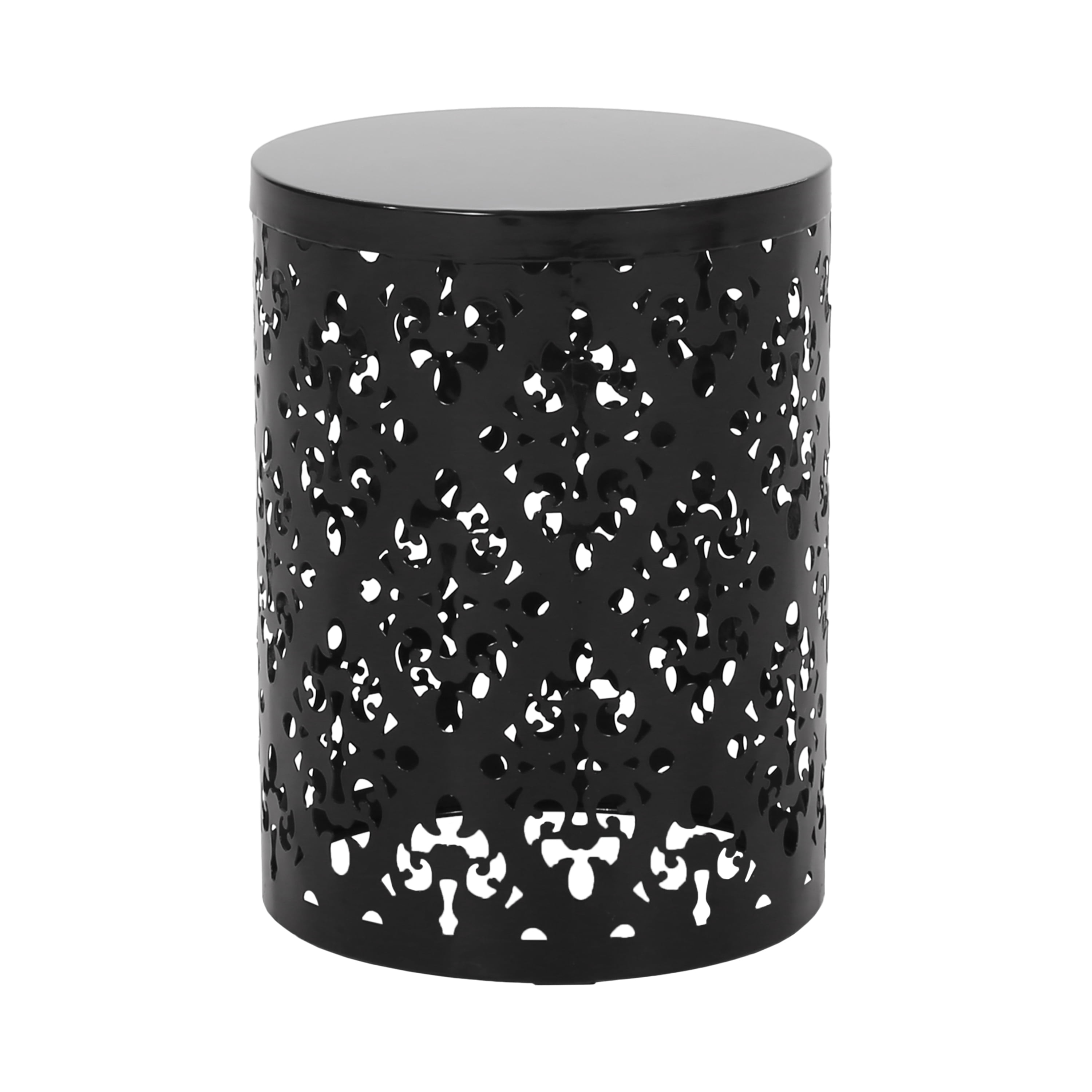 Outdoor Large Cylindrical Side Table, Floral Pattern Hollow Out Iron Tabletop for Patio Garden, Black