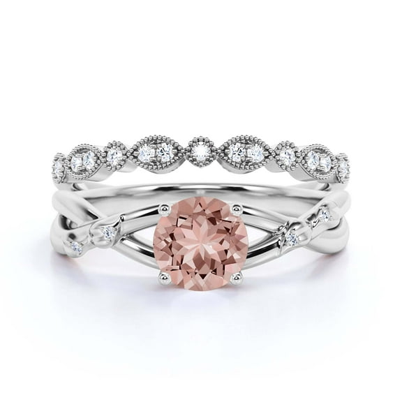 Gorgeous Rings Boho & hippie 1.60 Carat Round Cut Morganite And Diamond Moissanite Engagement Ring, Wedding Ring, One Matching Band in 925 Sterling Silver With 18k White Gold Plating, Promise Ring