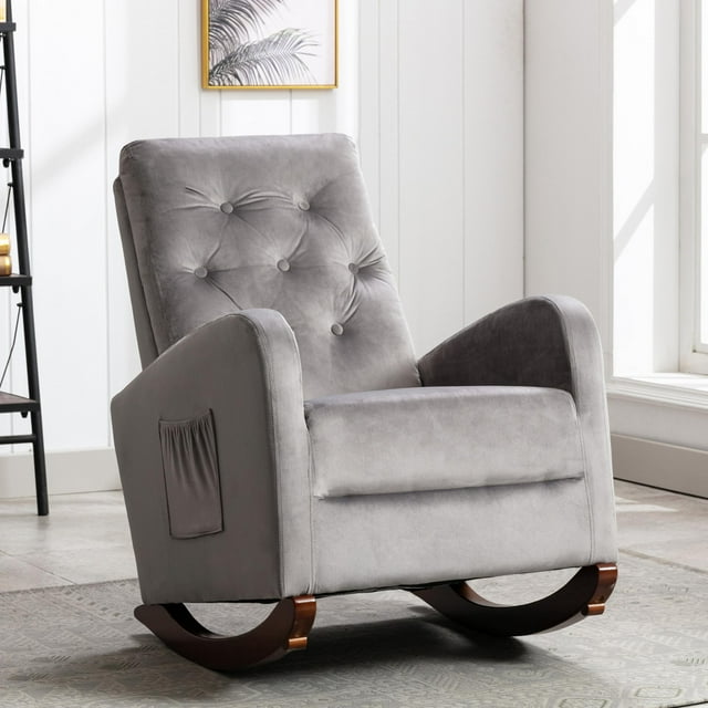 Patio Rocking Accent Chair, Tufted Upholstered Velvet Wingback Rocking Recliner Sofa Chair for Porch Living Room Bedroom, Gray 40x26x37inch