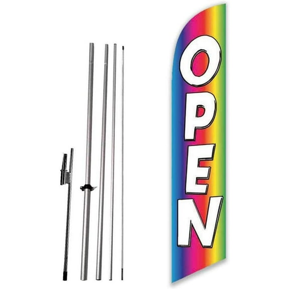 Cobb Promo Open Rainbow Advertising Feather Flag with Complete 15ft Pole kit and Ground Spike