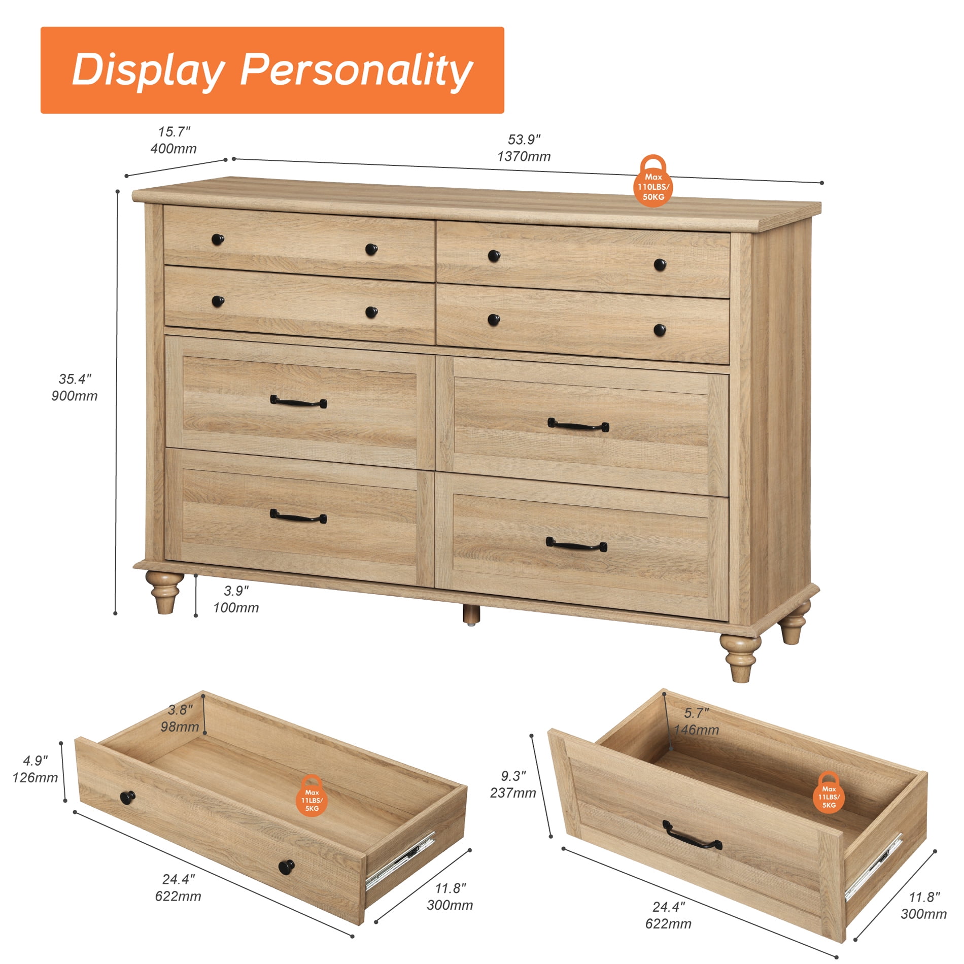Oak 8 Drawer Dresser for Bedroom, Wooden Chest of Drawers for Living Room