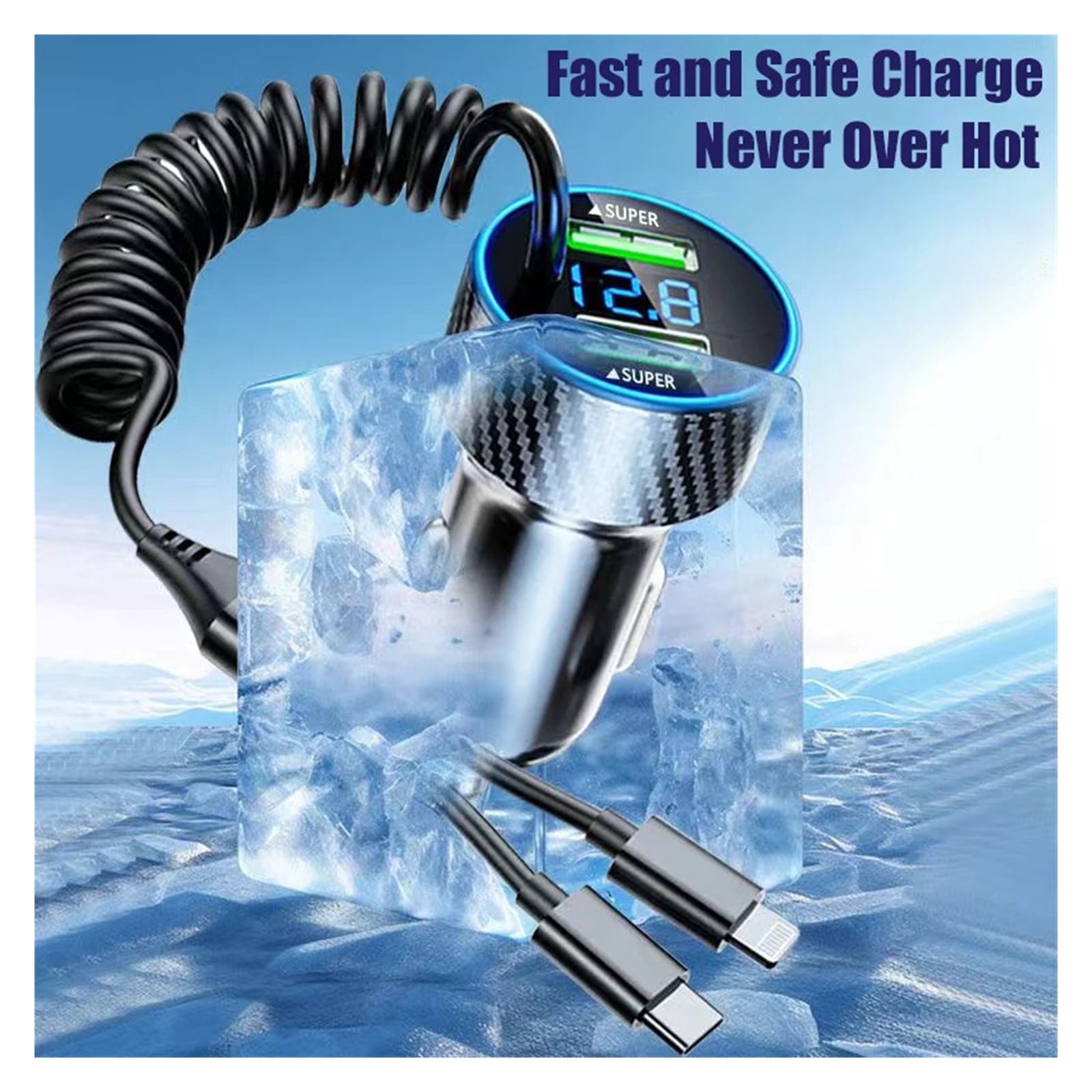 4 in 1 Dual Port USB Car Phone Charger Type C with Retractable Cable Super Fast Charging Adapter