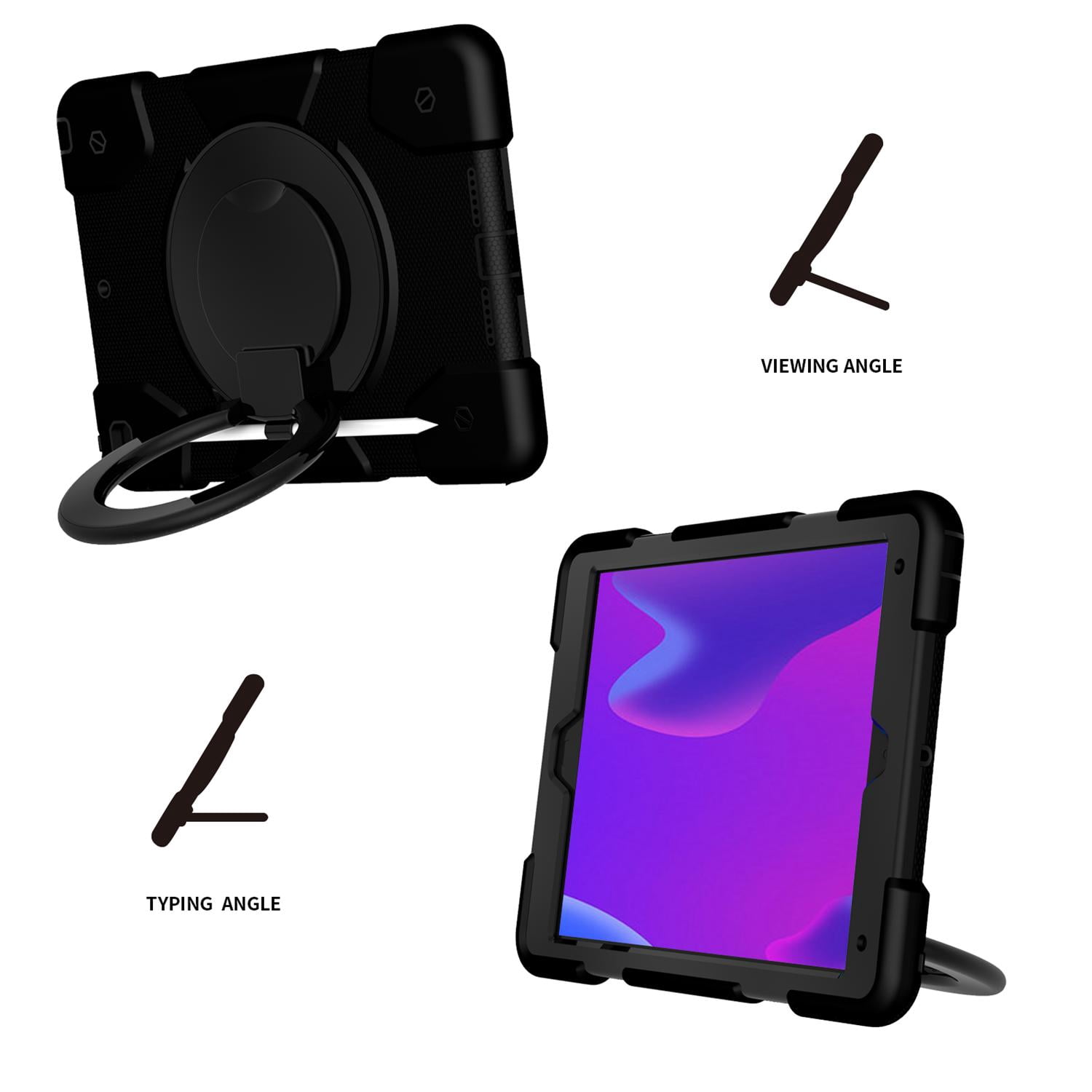 Allytech Case for iPad 9th/8th/7th Generation 10.2", Kids Case with 360° Rotating Folding Ring, Pencil Holder, Strap Drop-Proof Case for iPad 9/8/7 Gen 2021/2020/2019, Black