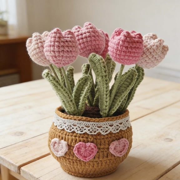Handmade Crochet Tulip Bouquet, Large Potted Yarn Flower Arrangement, Handcrafted Home and Office Decorative Centerpiece for Holiday and Everyday Warm Ambiance