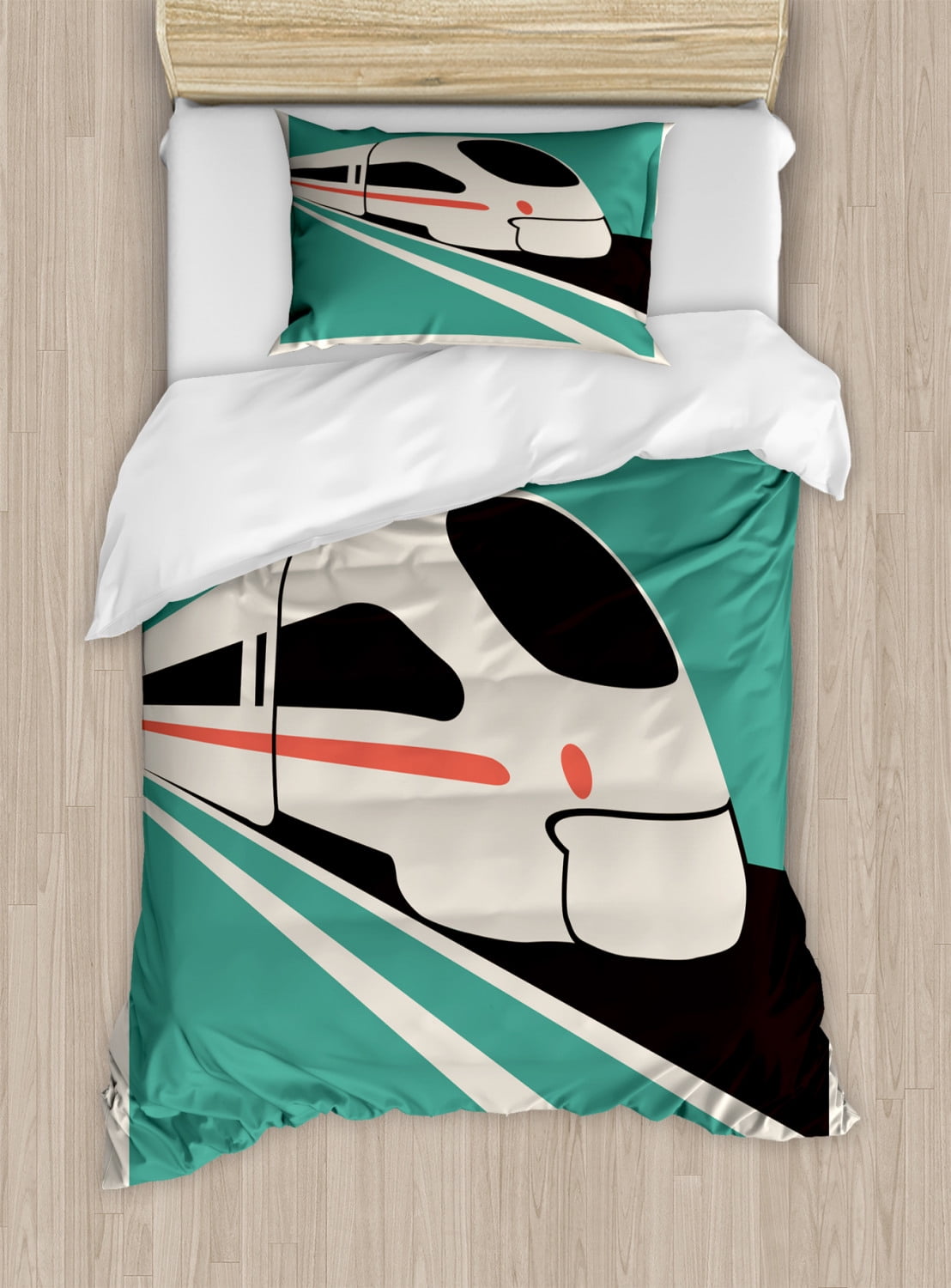 Train Duvet Cover Set, Retro Design Poster Like Graphic with Modern