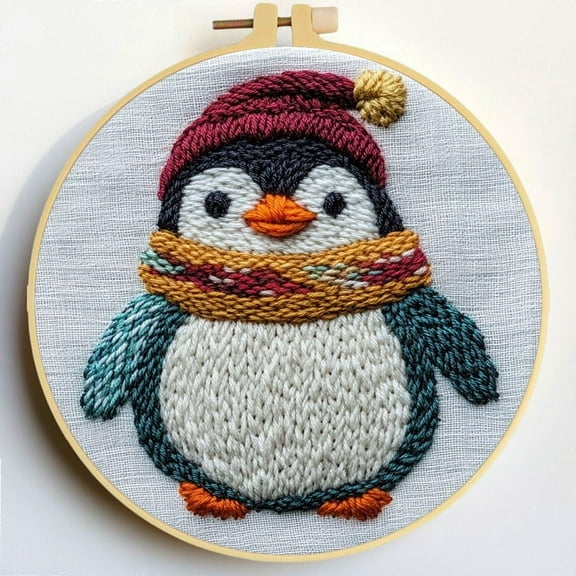 Punch Needle Kits Christmas Penguin Embroidery Starter Set with Hoop Easy for Beginners DIY Stress Relief Handmade Craft Hobby and Home Decor 20x20cm-2