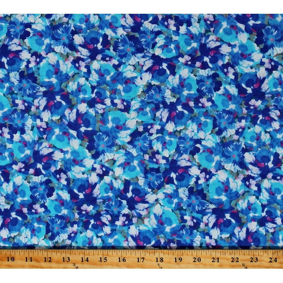 Cotton Flowers Blue Floral Painterly Petals Cotton Fabric Print by the Yard (SRKD-20264-4BLUE)