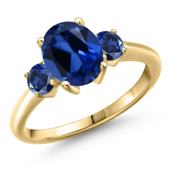 Gem Stone King 10K Yellow Gold Blue Created Sapphire Engagement Ring for Women | 2.80 Cttw | Oval 9X7MM | Gemstone September Birthstone | Size 6