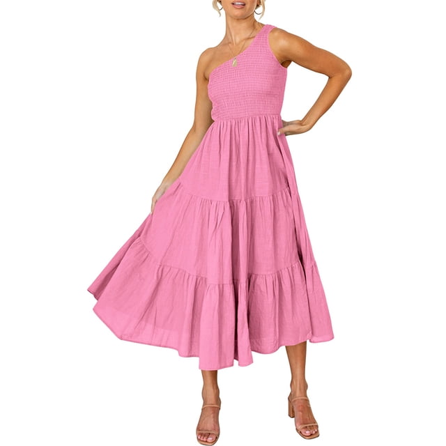 Femmes Robe Longue Swing Plissé Midi Parti Danse Plage Vacances Bureau Adolescence Mode Été Vêtements Rose L