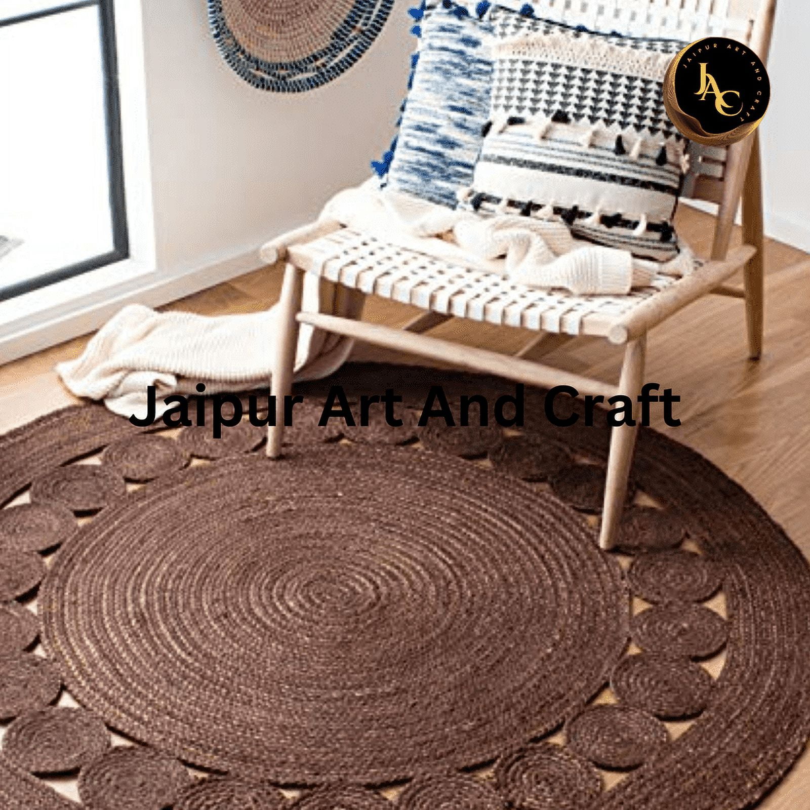 Jaipur Art And Craft Hand Braided Bohemian Jute Area Rug Brown Round Indian Reversible Indoor Carpet (8x8 Sq Ft)