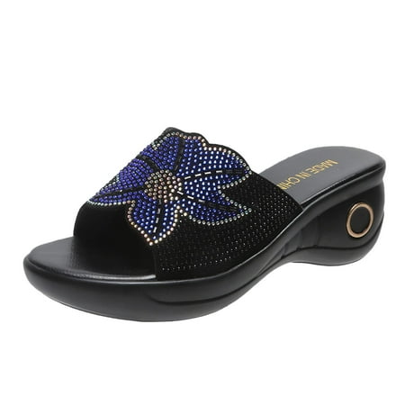 

Puawkoer Ladies Shoes Fashion Comfortable Platform Wedge Heel Rhinestone Flower Fish Mouth Sandals