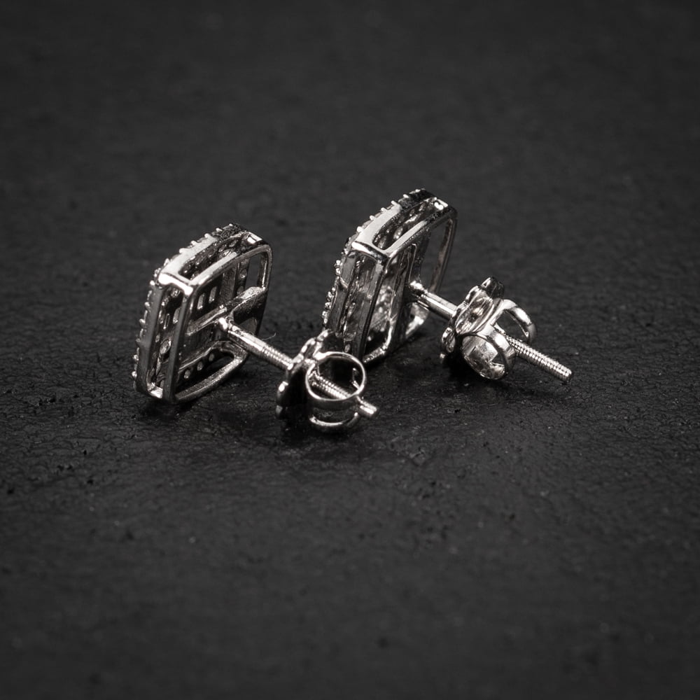 Square White Gold Plated 925 Sterling Silver Screw Back Post Cz Stone Large Iced Hip Hop Micro Pave Iced Baguette Stud  Earrings