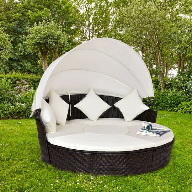Costway Outdoor Patio Canopy Cushioned Daybed Round Retractable Rattan