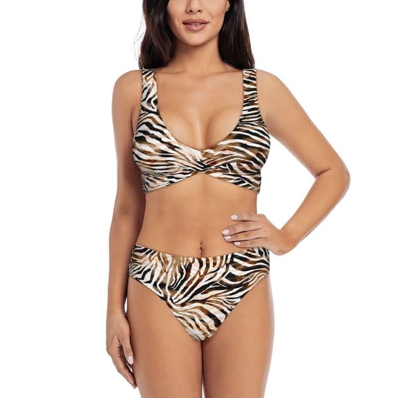 Kdxio Watercolor Zebra Print Women's 2 Piece High Waisted Wrap Spaghetti Strap Summer Swimsuit Bikini Set-Small