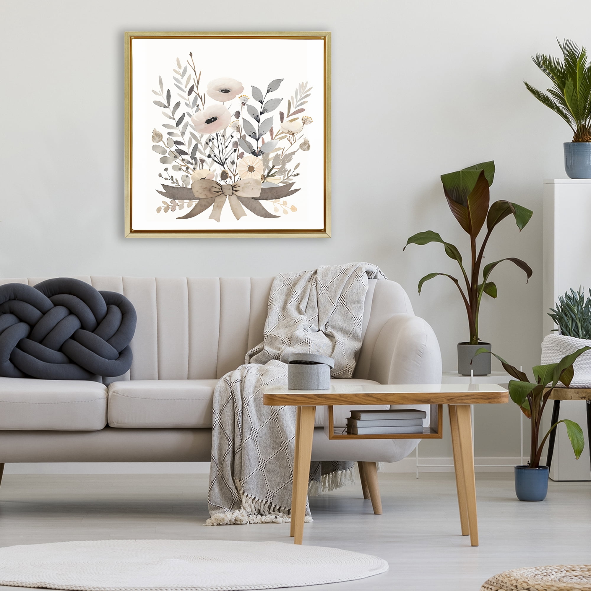 Stupell Industries Neutral Floral Bouquet Beige Gold Framed Floater Canvas Wall Art, design by Creative Studio