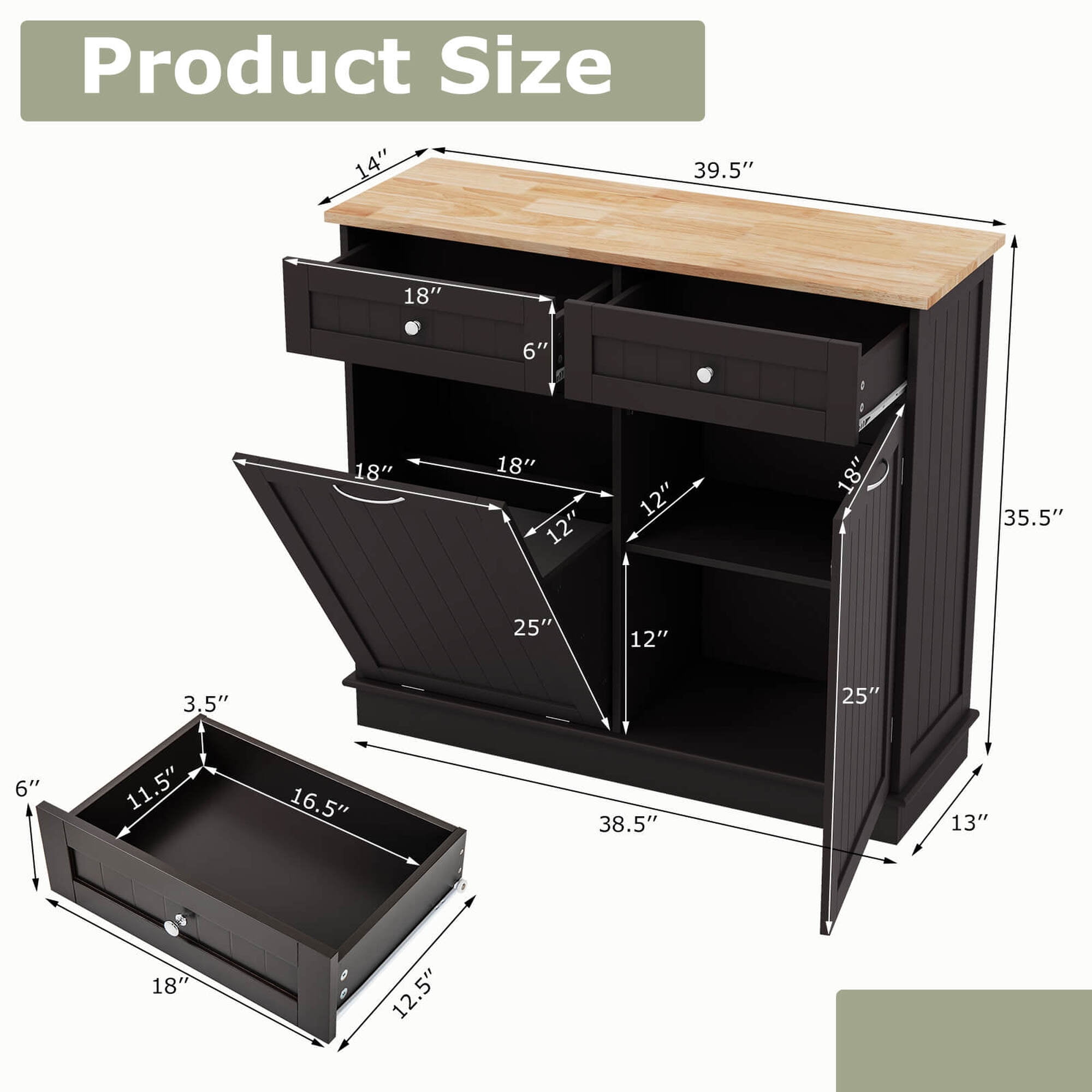 Costway Free Standing Wooden Garbage Hidden Kitchen Trash