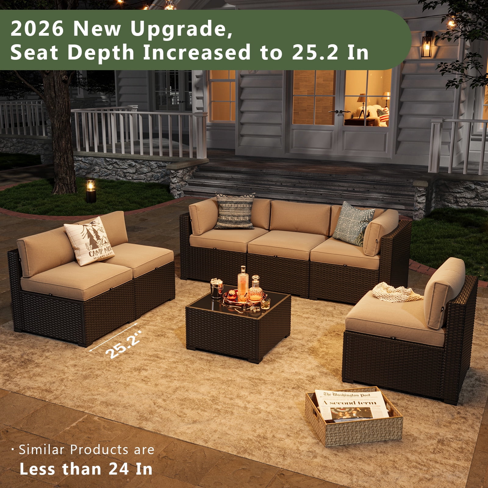 Aoxun 7 Piece Patio Furniture Set Wicker Rattan Patio Sectional Sofa Set Outdoor Seating Furniture with Thickened Cushion, Beige
