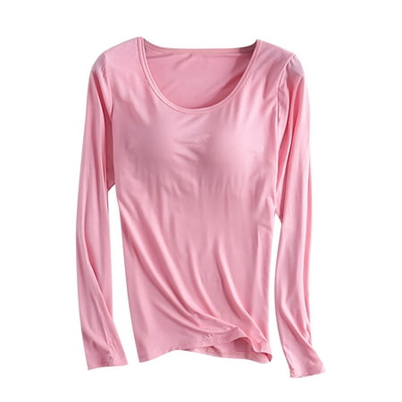 POIUYTR Women s Modal T-Shirt Built-in-Bra Long Sleeve Crew Neck Pajama Yoga Top Padded Casual Tee Sleepwear