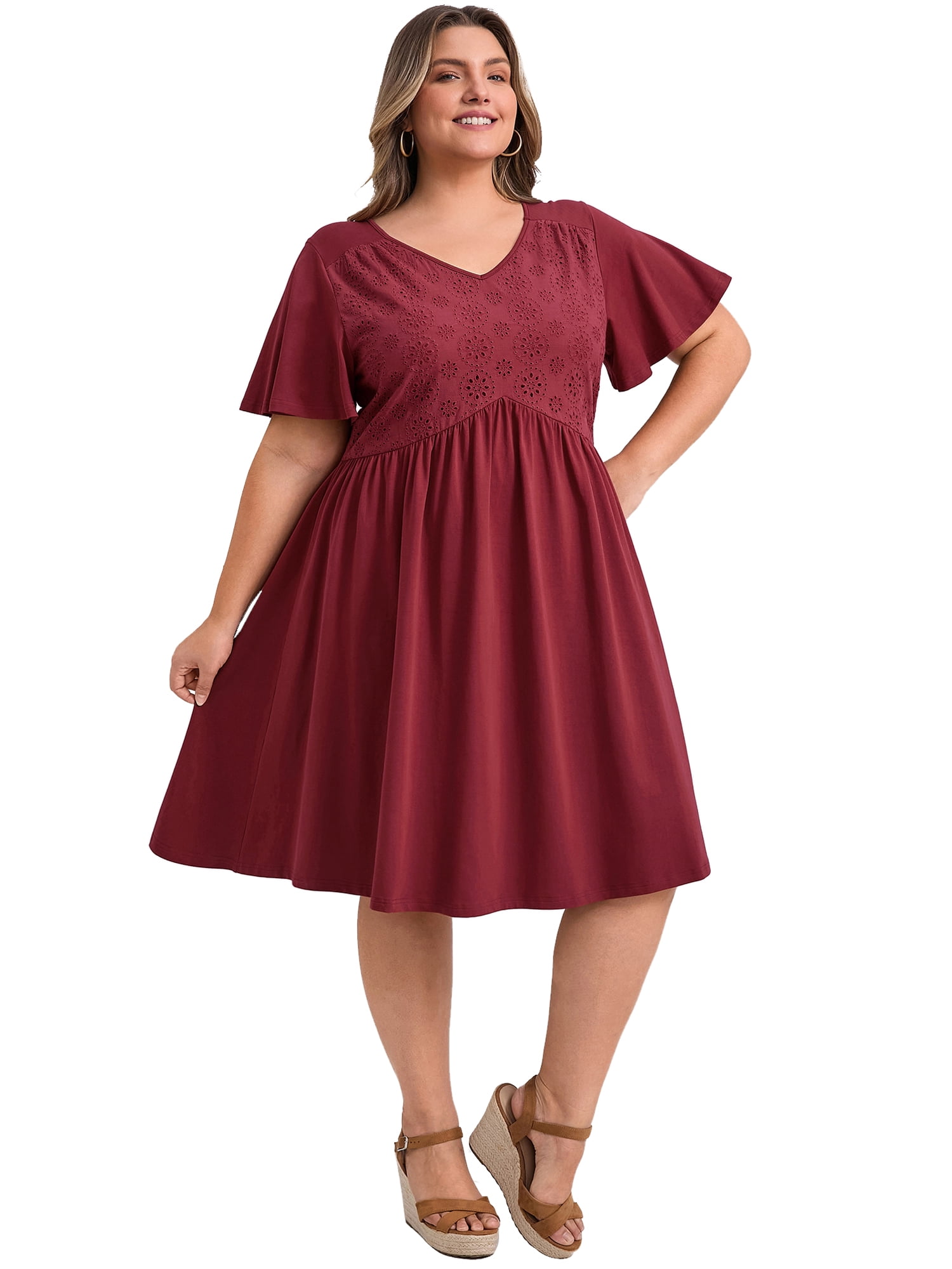 DARING DIVA Plus Size Summer V Neck Ruffle Short Sleeves Dress 3X Burgundy