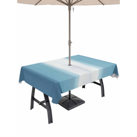Outdoor Tablecloth with Umbrella Hole for Patio/Picnic/Party/Camping, Aqua Blue Striped Waterproof Table Cloth Rectangle Table Cover Washable, Blue White Ombre Farmhouse Gradient (52"x 70")