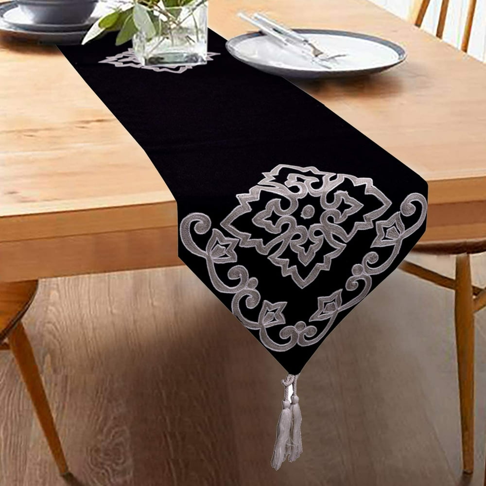 Decozen Velvet Embd Runner with Satin Back Black Table Runner