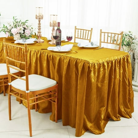 

Wedding Linens Inc. 6 ft (30 x72 ) Rectangular Ruffled Fitted Crushed Crinkle Taffeta Tablecloth With Skirt for Party wedding events décor - Gold