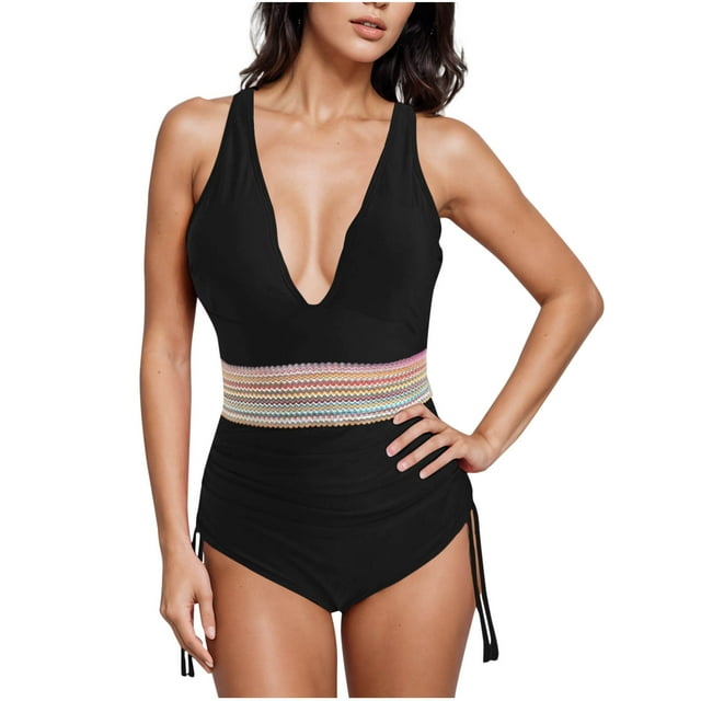 ylioge Tankini Swimsuits for Women One-Piece Sleeveless Deep V Neck Bathing Suits Ladies Trendy Color-Block Drawstring Side Swimwear Sets