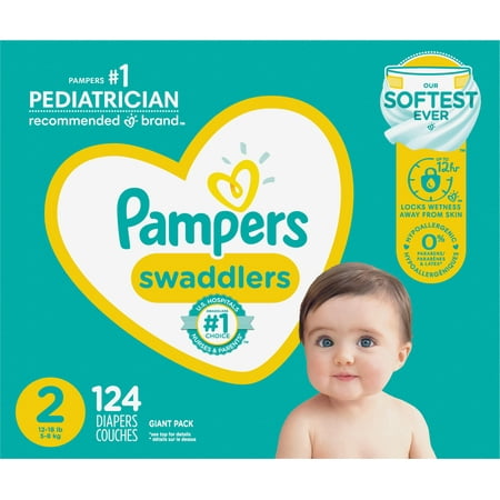 Pampers Swaddlers Disposable Soft and Absorbent, Baby Diapers Size 2, 124 Count