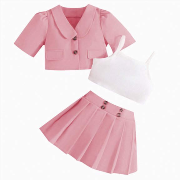 Kaprioy Girls Summer Outfits Girls 3 Piece Outfits Cami Tops Pleated A-Line Mini Skirt with Short Sleeve Button Down Shirts Summer Clothes