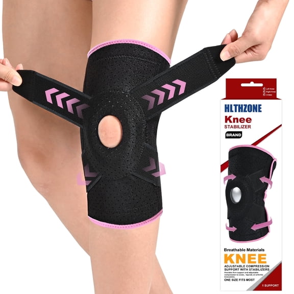 HLTHZONE Adjustable Knee Brace with Side Stabilizers for Running, Compression Knee Support for Meniscus Tear, Arthritis, ACL, LCL, Knee Pain Relief for Men & Women, L - Size(Black/Pink)