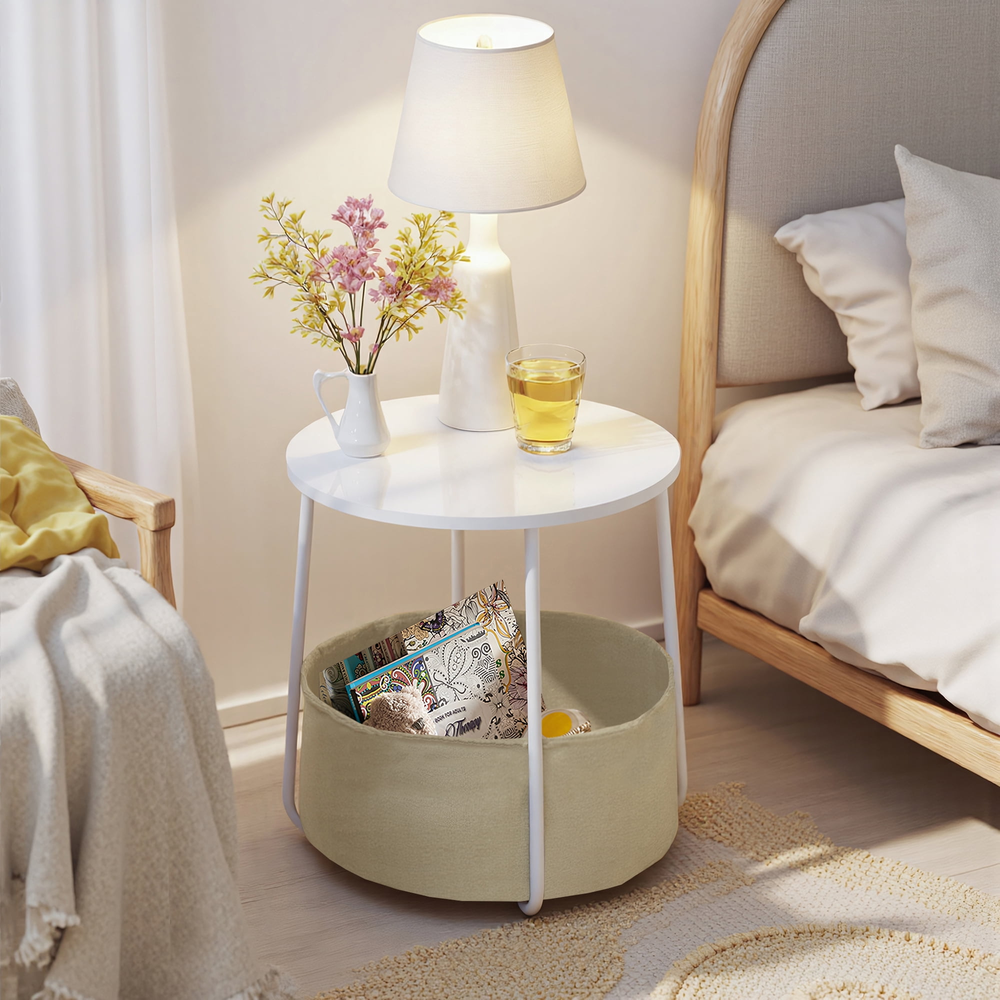 Small Round Side Table, Modern Nightstand with Fabric Storage Basket, U-Shaped Steel Frame End Table for Living Room Bedroom