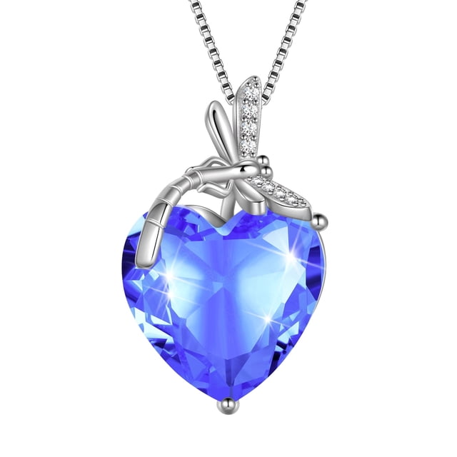 Juwaliy Dragonfly Necklace Collar con Piedra de Nacimiento de Diciembre en Forma de Corazón Azul, Dije de Tanzanita de Plata Esterlina 925, Joyería para Mujer, Regalo de Cumpleaños, Navidad, Día de l